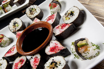 High angle view of sushi served on table