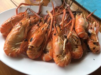 High angle view of seafood in plate on table