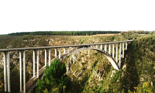 Bridge over agricultural field against clear sky