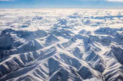 Aerial view of snowcapped mountains against sky