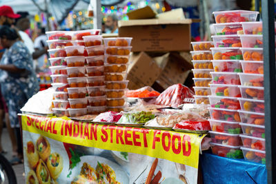 Special indian assorted sweets or mithai for sale during deepavali or diwali festival at the market.