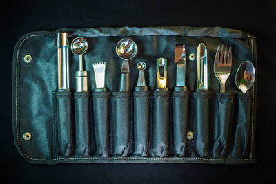 High angle view of objects on table