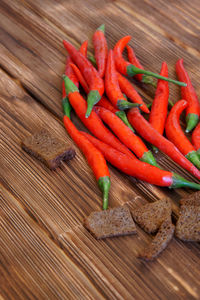 High angle view of chili peppers on table