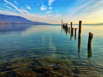 Wooden posts in sea against sky