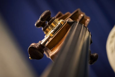 Strings of an old contrabass closeup