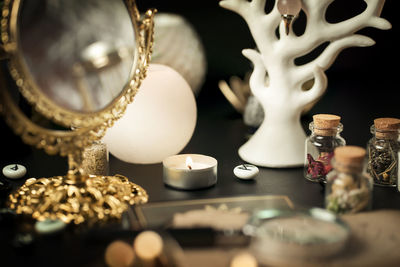 Close-up of christmas decorations on table