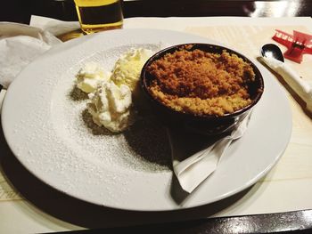 High angle view of dessert in plate on table