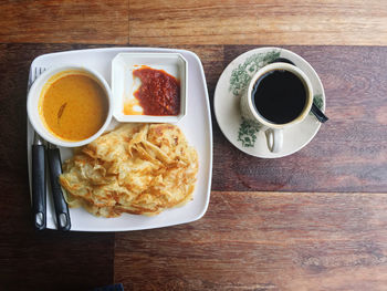 High angle view of breakfast served on table