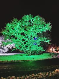 Illuminated water against sky at night