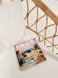 High angle view of book on table at home