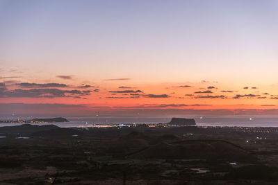 High angle view of townscape against sky during sunset