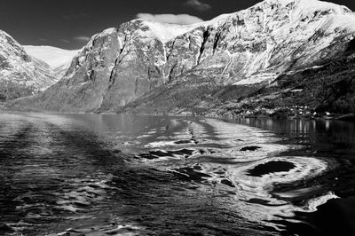 Scenic view of lake and mountains against sky