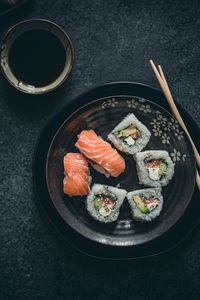 High angle view of food in plate on table