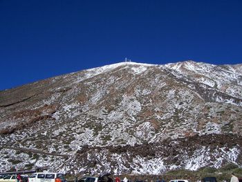 Low angle view of snowcapped mountain against clear blue sky
