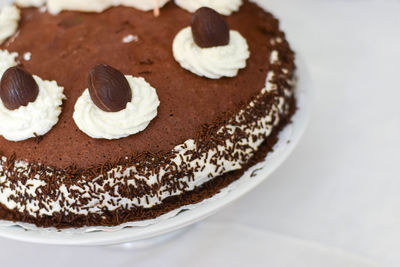 High angle view of chocolate cake in plate