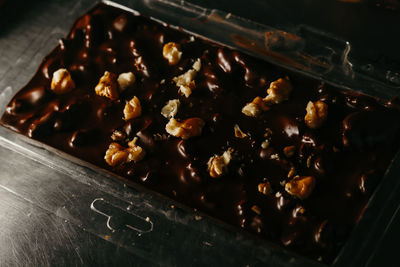 High angle view of chocolate cake in kitchen