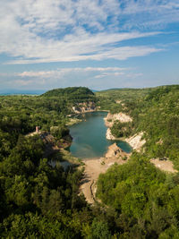 High angle view of land against sky