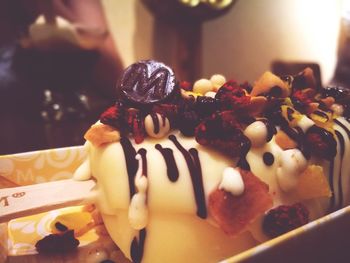 Close-up of dessert served on table