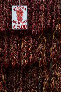 Close-up of information sign on display at market stall