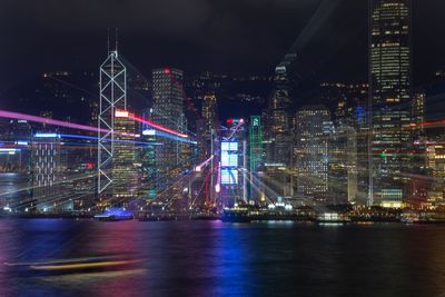 Illuminated city buildings at night