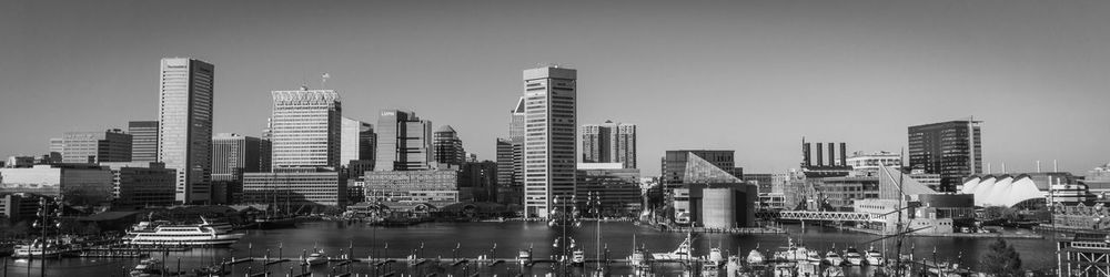 Buildings in city against clear sky