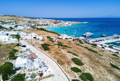 High angle view of koufonisia island against clear blue sky during sunny day