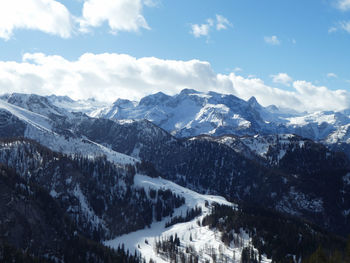 Scenic view of snowcapped mountains against sky from jenner in winter
