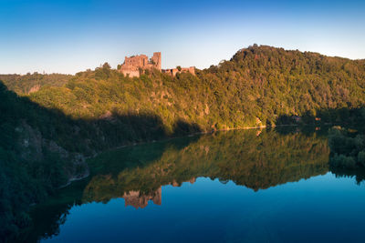 Scenic view of lake by trees against clear blue sky