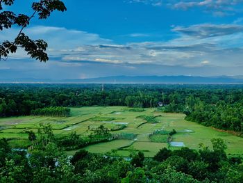 High angle view of field against sky