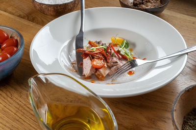 High angle view of food in plate on table