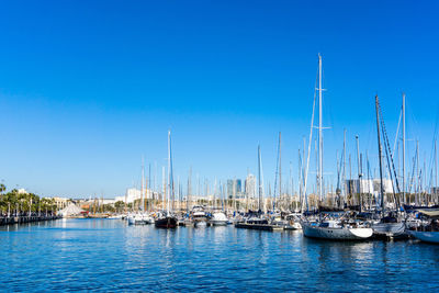 Sailboats moored at harbor against blue sky