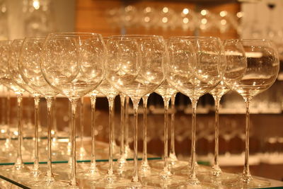 Close-up of wineglasses on table in restaurant