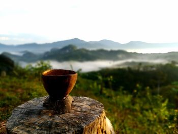 Close-up of cocktail on mountain against sky