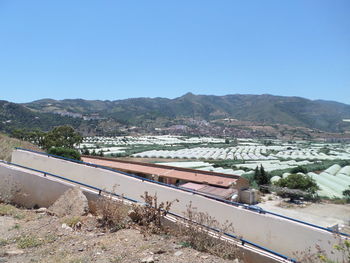 Scenic view of mountains against clear blue sky