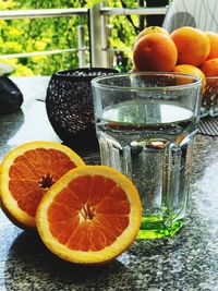 Close-up of fruits in glass on table