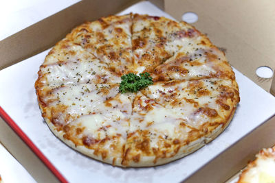 High angle view of pizza on table