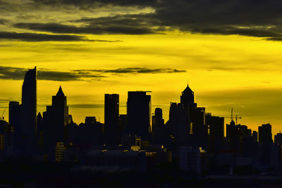 Silhouette of buildings against cloudy sky during sunset