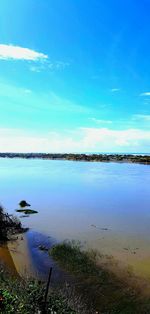 Scenic view of calm lake against blue sky