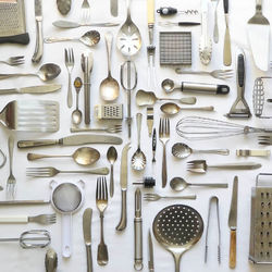 Directly above shot of kitchen utensils on table