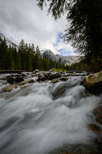 Scenic view of waterfall against sky