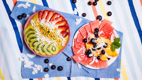 High angle view of fruits in plate on table