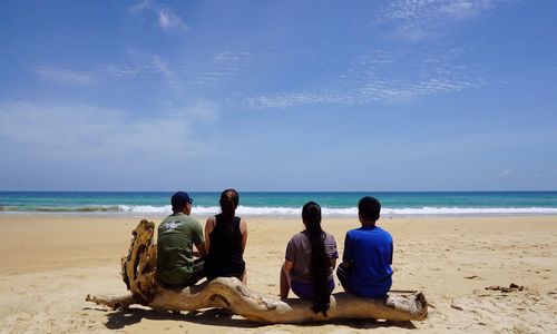 Rear view of people sitting on beach