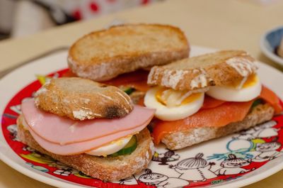 Close-up of breakfast served on table