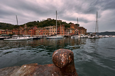 Boats in sea against sky in portofino 