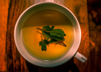 High angle view of soup in bowl on table