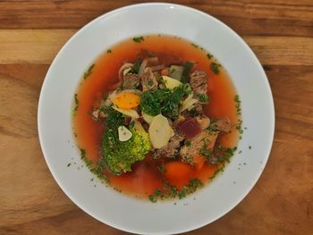 High angle view of soup in bowl on table