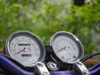 Close-up of speedometer on motorcycle