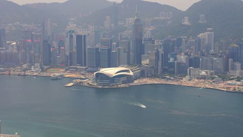 Aerial view of bay and buildings in city