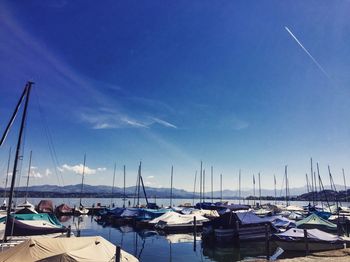 Boats moored at harbor
