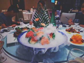 Close-up of sushi served on table in restaurant